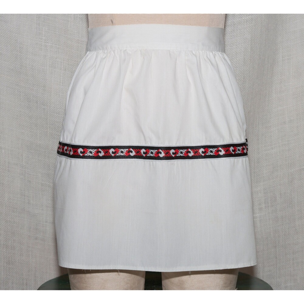 Vintage Handmade White Half-Apron with Heart Ribbon Trim 1960s
